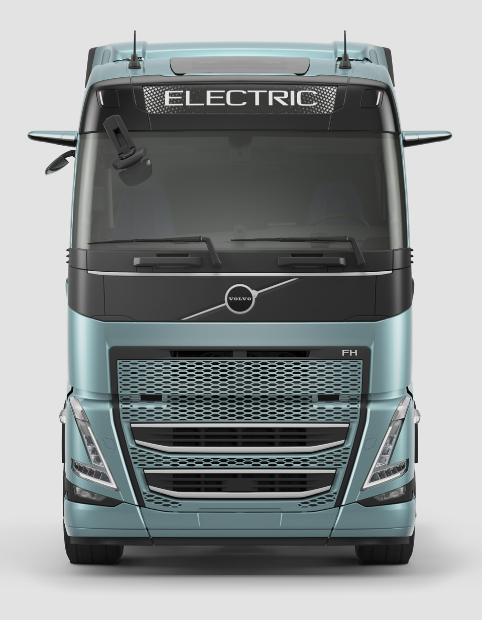 Front af en elektrisk Volvo-lastbil, elektrisk lastbil, Volvo, el-køretøj, transport.